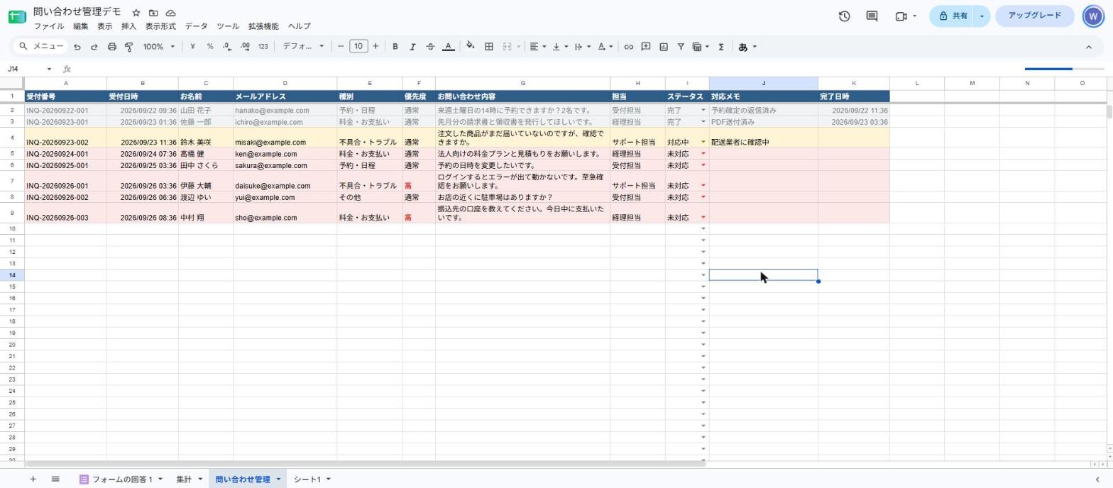 管理シート。受付番号・種別・優先度・担当が自動で入り、ステータスで色分けされている